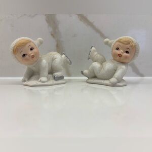 2 Vintage Homco Sugared Snow Babies Ive Skating Series Holiday Winter Fun 1980s